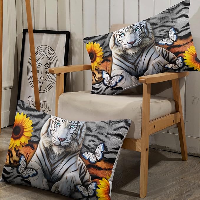 AILONEN Tiger Fitted Sheet Set Twin Size, 3 Pieces White Tiger Fur Printed Bed Sheet Set,Kids Boys Girls Sunflower Tiger Sheet Set,Butterfly Tiger Fitted Sheet with 2 Pillowcases