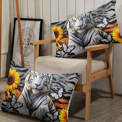 AILONEN Tiger Fitted Sheet Set Twin Size, 3 Pieces White Tiger Fur Printed Bed Sheet Set,Kids Boys Girls Sunflower Tiger Sheet Set,Butterfly Tiger Fitted Sheet with 2 Pillowcases