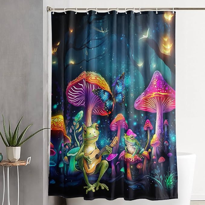 AILONEN Cartoon Frog Shower Curtain,Guitar Frog Fabric Shower Curtains for Bathroom,Magic Mushroom Weighted Polyester Cloth Bath Curtain Set,Mysterious Butterfly Bathroom Curtain,72" W*78" H