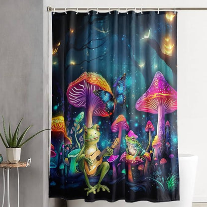 AILONEN Cartoon Frog Shower Curtain,Guitar Frog Fabric Shower Curtains for Bathroom,Magic Mushroom Weighted Polyester Cloth Bath Curtain Set,Mysterious Butterfly Bathroom Curtain,72" W*84" H