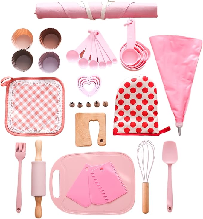 OESSUF Kids Baking Sets for Girls, Cooking Sets 38PCS Real Chef Easy Bake Toddler Montessori Kitchen Tools with Apron, Knife, Cutting Board, Little Girls Dress Up Gift