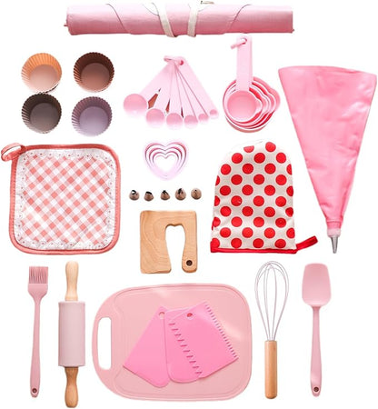 OESSUF Kids Baking Sets for Girls, Cooking Sets 38PCS Real Chef Easy Bake Toddler Montessori Kitchen Tools with Apron, Knife, Cutting Board, Little Girls Dress Up Gift