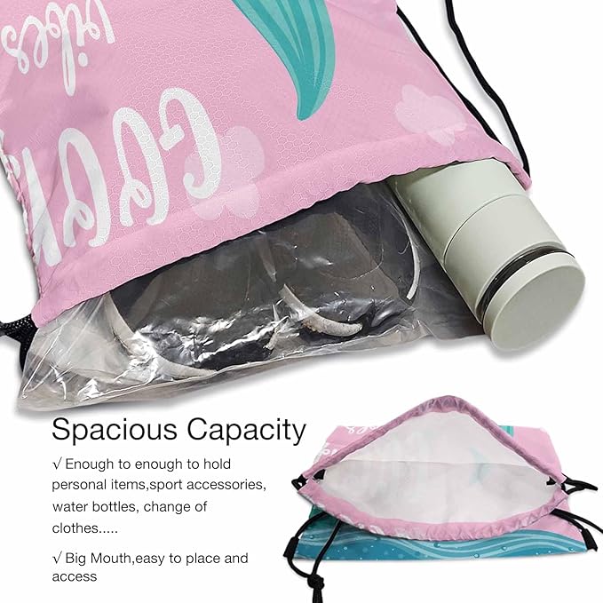 Drawstring Backpack Bag Good Vibes Lettering Green Mermaid Tail Blue Sea Two Seagulls Lightweight Backpack Soccer Ball Bag Sutiable for Sports Beach Short Travel Stroage 14x16.9 Inch