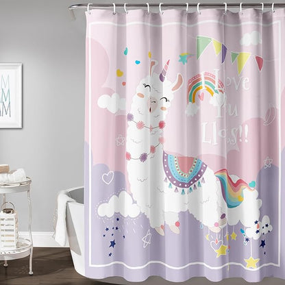 AILONEN Cute Llama Kids Shower Curtain for Girls,Happy Llama in Sky Clouds Print Bath Curtain 36" W*72" H,Kawaii Kids Bathroom Curtain Polyester Waterproof Girls Bathroom Curtain with 12 Hooks