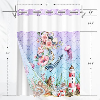 Anchor Beach Nautical No Hook Shower Curtain with Snap in Liner, Mermaid Pink Floral Coral Bath Curtain with Double Layers Waterproof Fabric and Mesh Top Window 71x74 Inch