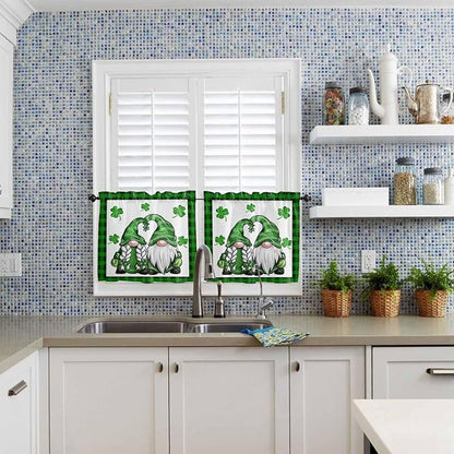 Gnome St. Patrick's Day Kitchen Curtains and Valances Set, Buffalo Plaid Shamrock Window Tiers Seasonal Spring Holiday Half/Short Curtains for Small Windows Cafe /Living Room/ Bedroom 54x 36 in