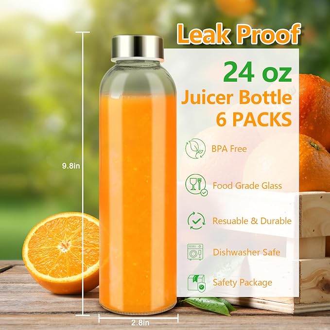 Glass Juice Bottles with Lids for Juicing 24 oz, Reusable Clear Glass Water Bottles with Stainless Steel Airtight Cap for Refrigerator, 100% Leak Proof, BPA Free, ECO Friendly, Set of 6