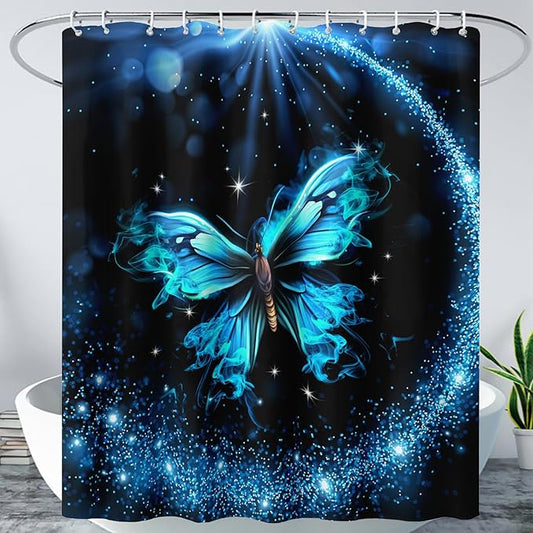 AILONEN Butterfly Shower Curtain Bathroom 72" W*72" H Sparkly Blue Butterflies Curtain Cloth Fabric Bathroom for Girls Kids,Boho Style Shower Curtain Set