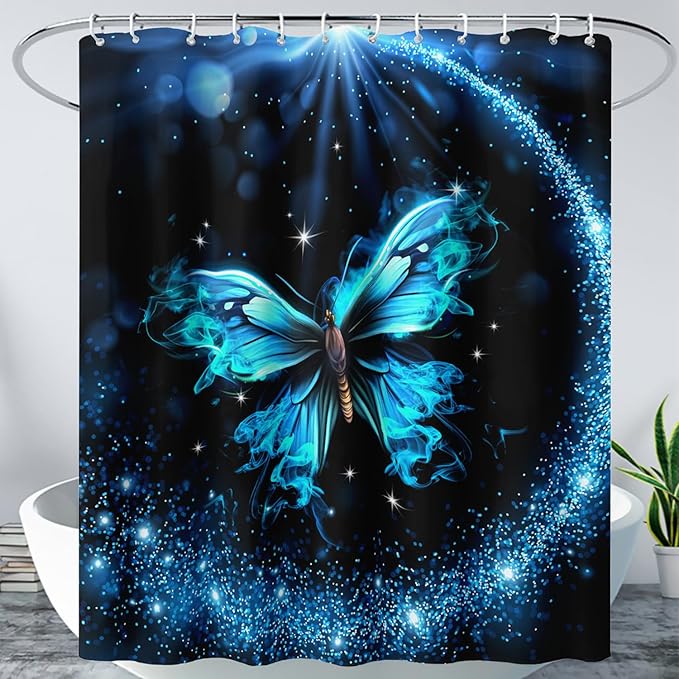 AILONEN Butterfly Shower Curtain Bathroom 48" W*72" H Sparkly Blue Butterflies Curtain Cloth Fabric Bathroom for Girls Kids,Boho Style Shower Curtain Set