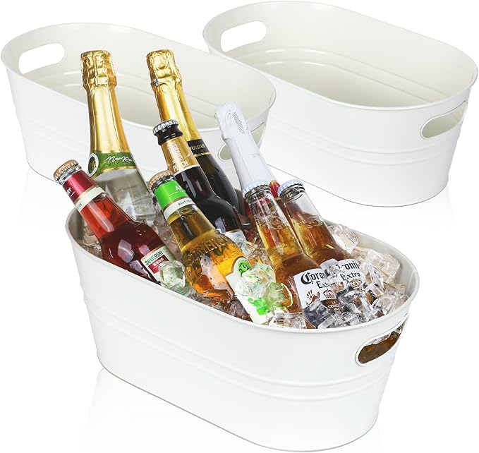 3 Pcs Galvanized Tub 3 Gallon Ice Bucket Large Metal Bucket for Parties Beverage Tub with Handles for Champagne Cocktails Wine Cooling for Mimosa Bar Supplies (White)
