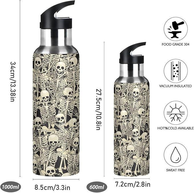 ALAZA Gothic Skull Skeleton Water Bottle With Straw Lids Boys Girls,Vacuum Insulated Leakproof Stainless-Steel Sports Bottle Thermal Flask For Gym Yoga Camping,34Oz (1000Ml)