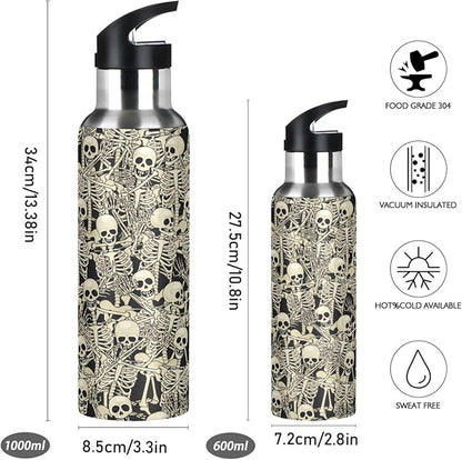 ALAZA Gothic Skull Skeleton Water Bottle With Straw Lids Boys Girls,Vacuum Insulated Leakproof Stainless-Steel Sports Bottle Thermal Flask For Gym Yoga Camping,34Oz (1000Ml)
