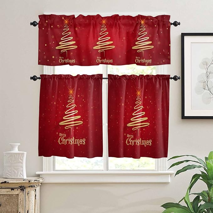 Christmas Tree Kitchen Curtains and Valances Set,Merry Xmas Red Window Treatments Tiers Winter Holiday Decor Semi Sheer Half/Short Curtains for Small Windows Cafe/Living Room/Bedroom 54x24 in,3-Piece
