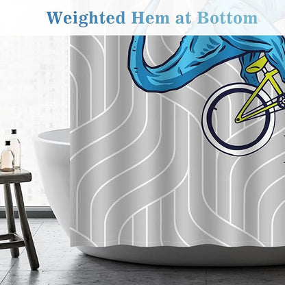 Aimego Extra Long Shower Curtain - Funny Cute Blue Dinosaur Ride A Bike Fun Dino Fabric Cloth Bath Shower Curtain Set with 12 Hooks for Bathroom Decor Accessories Bathtub Curtain, 72"x84"