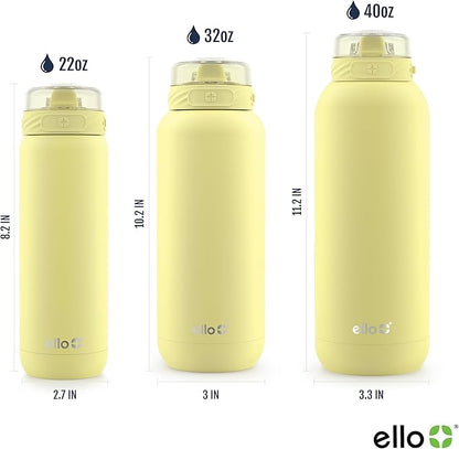 Ello Cooper 32oz Stainless Steel Water Bottle with Straw and Carry Handle, Double Walled and Vacuum Insulated Metal, Leak Proof Locking Lid with Soft Silicone Spout, Reusable, BPA Free, Lemonade