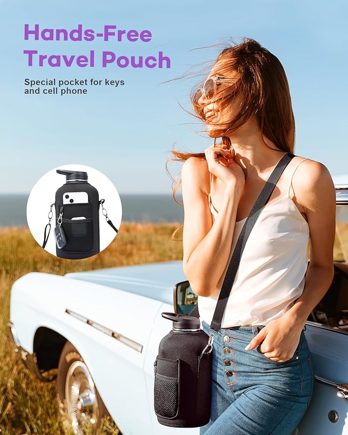 64 oz Water Bottle Insulated with Handle and Carry Pouch, Half Gallon Stainless Steel Water Bottles Mug with Straw Lid Spout Lid,Reusable Metal Tumbler Jug Flask Cup,Keep Cold & Hot,Purple