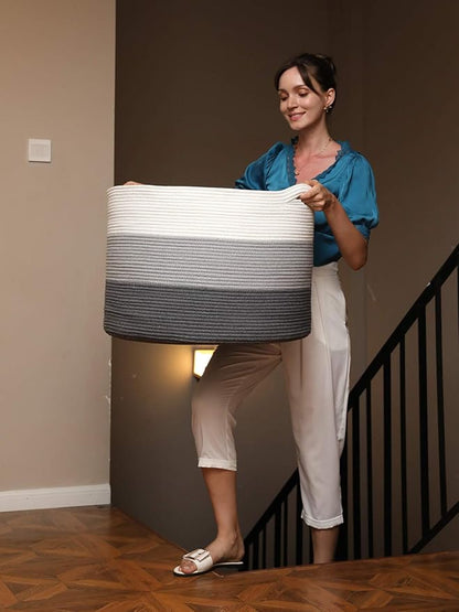 24" x 24" x 17" Max Size Large Cotton Rope Basket, Extra Large Storage Basket, Woven Laundry Hamper, Cloth Storage Bin, for Blankets Clothes Towels Pillows in Living Room, Grey/Dark Grey