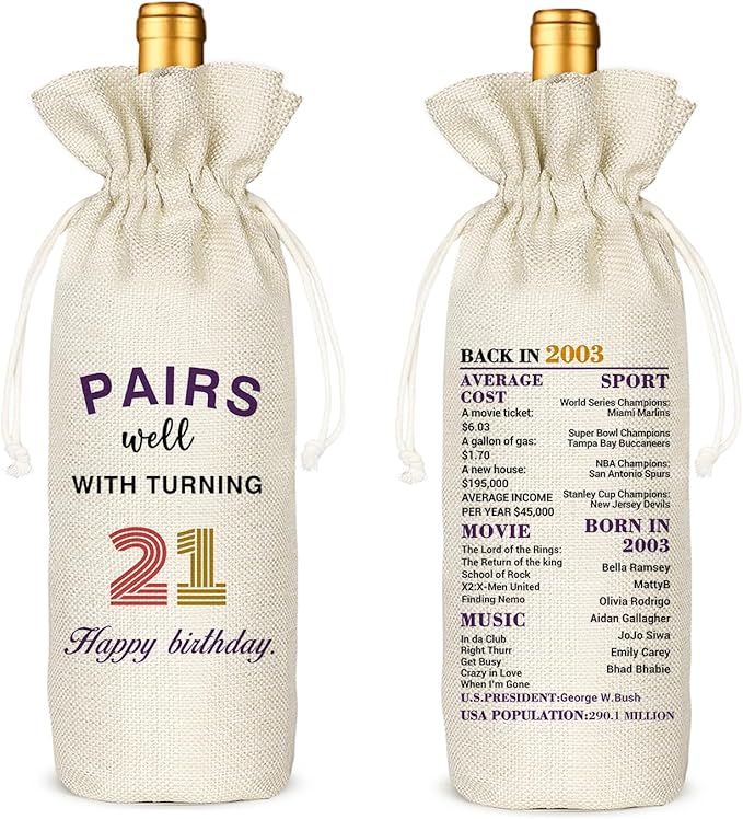 21th Birthday Wine Bag, Presents for 21st Birthday, 21 Years Old Gift Idea Wine Bag for Her Girl Friend, Sister, Birthday Party Decorations - Cotton linen drawstring wine bags (21 BIRTHDAY)