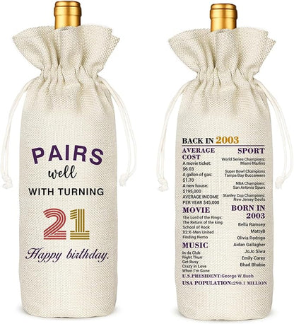 21th Birthday Wine Bag, Presents for 21st Birthday, 21 Years Old Gift Idea Wine Bag for Her Girl Friend, Sister, Birthday Party Decorations - Cotton linen drawstring wine bags (21 BIRTHDAY)