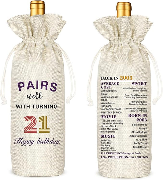 21th Birthday Wine Bag, Presents for 21st Birthday, 21 Years Old Gift Idea Wine Bag for Her Girl Friend, Sister, Birthday Party Decorations - Cotton linen drawstring wine bags (21 BIRTHDAY)