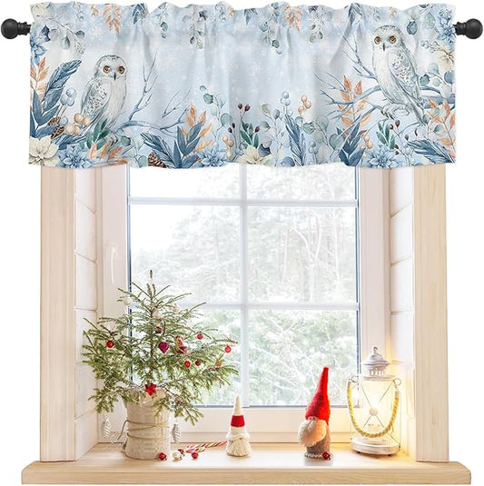 Blue Christmas Valance Curtains for Kitchen Windows Winter Snowy Owl Poinsettia Eucalyptus Leaves Rod Pocket Window Treatment Toppers for Kitchen/Living Room/Bedroom/Bathroom, 42" X 18",