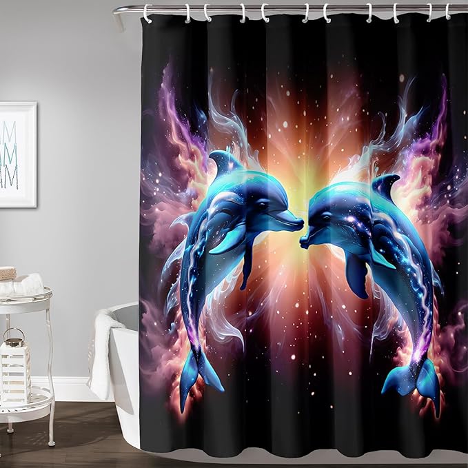AILONEN 3D Dolphin Shower Curtain for Bathroom, Cute Kawaii Blue Ocean Dolphin Bath Curtain,Fantasy Smoky Print Black Curtain Waterproof with 12 Plastic Hooks for Boys Girls 60" W*72" H