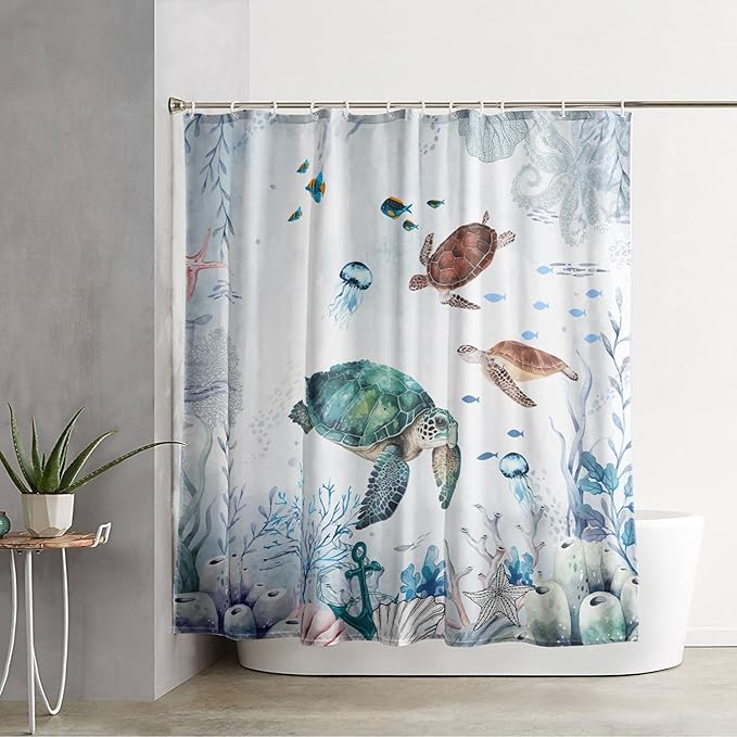 AILONEN Cartoon Sea Turtle Shower Curtain Set, Blue Ocean Animals Waterproof Fabric Shower Curtain,Gouache Anchor Nautical Theme Shower Curtain Liner for Bathroom with Hooks,48" Wx72 H