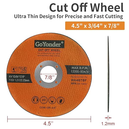 25 Pack 4.5" Cutting Wheel for Metal,Stainless Steel,4-1/2" x 0.045 x 7/8 Ultra Thin Cut-Off Wheel for Angle Grinders by GoYonder