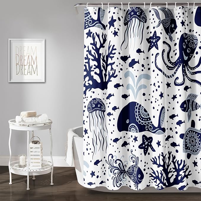 AILONEN Cartoon Dolphin Shower Curtain for Kids 72" W*84" H Inch,Blue Whales Octopuses Turtles Pattern Shower Curtain,Ocean Life Theme 12 Pack Hooks Polyester Waterproof Fabric Decor for Bathroom