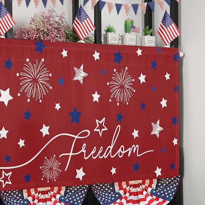 Patriotic 4th of July Kitchen Curtains Valances for Windows Red White Blue Stars Freedom Rod Pocket Window Treatment for Kitchen /Living Room/Bedroom/ Bathroom, 54" X 18", Memorial Day Summer