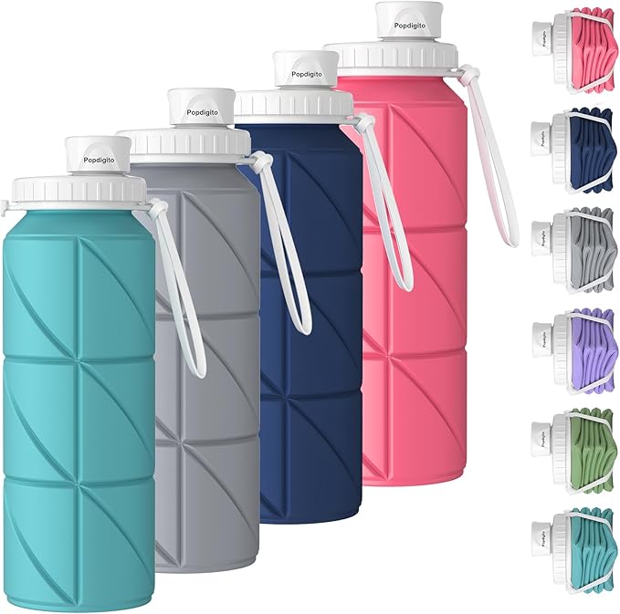 4pack Collapsible Water Bottles Foldable Silicone Travel Water Bottle Leakproof Flexible BPA Free Portable,Folding Water Bottle Lightweight for Camping,Hiking,Sports Travel Bottles 23oz