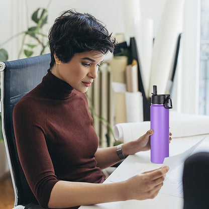 Volhoply 24 Ounce Insulated Water Bottle With Straw Lid,Stainless Steel Wide Mouth Sport Bottles With Handle,Double Wall Vacuum Thermos keep Cold,Reusable Travel Thermal Cups For Holder,Gym(Purple,1)