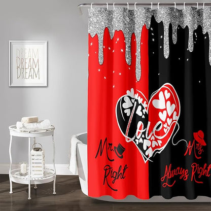 AILONEN Mr Mrs Black and Red Shower Curtain,Love Hearts Pattern Mr Right Mrs Always Right Theme Bath Curtain,Modern Print Decoration Waterproof Shower Curtain with 12 Plastic Hooks, 48" W*72" H