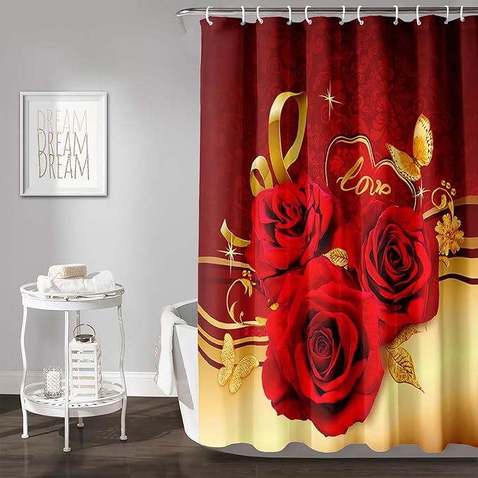 AILONEN Red and Gold Shower Curtain,Red Rose Hearts Printed Bath Curtain,Romantic Luxury Rose Flower Waterproof Curtain for Bathroom Decor 36" W x 72" H