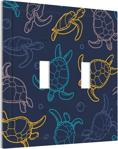 Cartoon Turtles Double Toggle Light Switch Covers 2 Gang Wall Plate Dual Decorative Switchplate Electrical Faceplate for Bathroom Country Kitchen Bedroom Decor, 4.9" x 5"