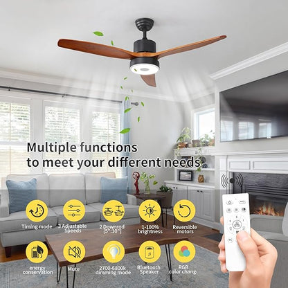 52 Inch Wood Ceiling Fan with RGB Dimming LED Light,with Music Bluetooth Speaker,Remote Control,3-Speed Regulation, Reversible Motor,Timing,for Living Room,Bedroom,Restaurant,Outdoor