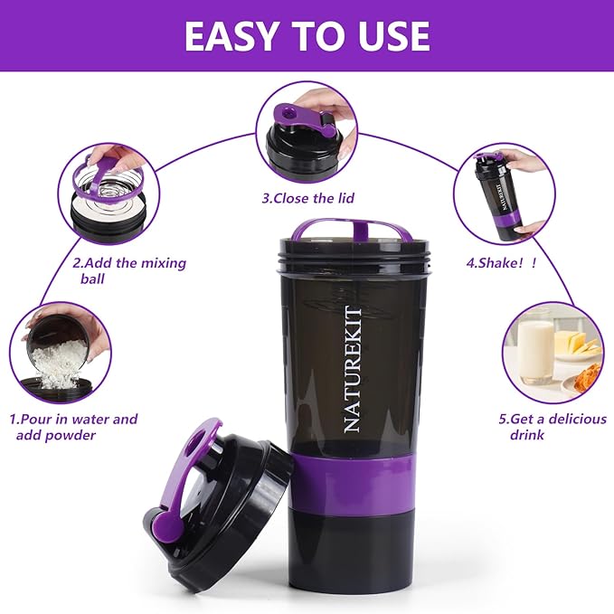 Shaker Bottle,Protein Shaker with Powder Storage Container 18oz, Leak Proof ，Gym Bottle Portable Pre Workout for Mix & Drink Shakes & Smoothies,Dishwasher Safe,Purple