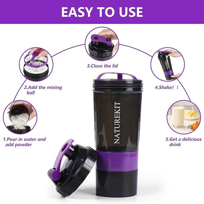 Shaker Bottle,Protein Shaker with Powder Storage Container 18oz, Leak Proof ，Gym Bottle Portable Pre Workout for Mix & Drink Shakes & Smoothies,Dishwasher Safe,Purple