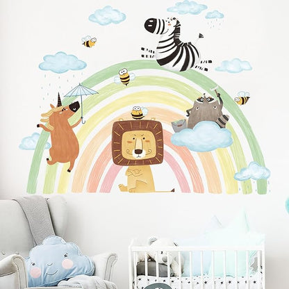 Jungle Animals Tree Wall Decals Lion Zebra Rainbow Wall Stickers Baby Nursery Kids Bedroom Living Room Wall Decor