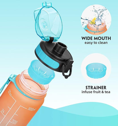 32oz Motivational Water Bottle with Time Marker & Fruit Strainer, Leak-proof BPA Free Non-Toxic Bottle with Carrying Strap, Perfect for Fitness, Gym and Outdoor Sports