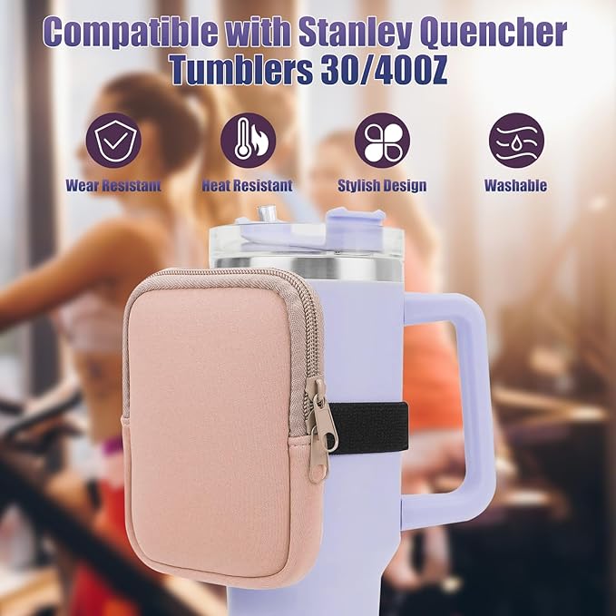 Water Bottle Pouch for Stanley Quencher Adventure 40oz & Stanley IceFlow 20oz 30oz, Gym Water Bottle Pouch for Stanley Cup 40oz,Workout Outdoor Tumbler Pocket for Phone, Card, Keys (Pink)