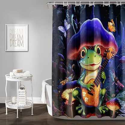 AILONEN Frog Mushroom Shower Curtain,Guitar Frog Amphibious Animal Waterproof Fabric Bath Curtain for Kids Girls,Boho Magic Mushroom Shower Curtain Set for Bathroom with Hooks,72" W*72" H