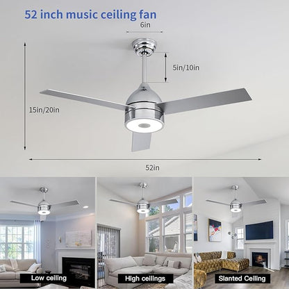 52 Inch Plated Finish Ceiling Fan with RGB Dimming LED Light,with Music Bluetooth Speaker,Remote Control,3-Speed Regulation,Reversible Motor,Timing,for Living Room,Bedroom,Restaurant,Outdoor