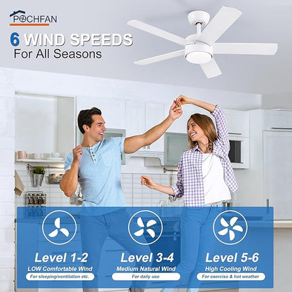 42 inch White Ceiling Fan with Lights and Remote Control, Dimmable Ceiling Fans with Lights,3-Color, Quiet Reversible 6-Speed, Wood Modern Ceiling Fan for Bedroom, Living Room, Dining Room