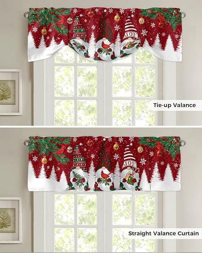 Christmas Gnomes Blackout Tie Up Valance Curtains for Kitchen Windows Red Winter Holidays Window Toppers Balloon Shades for Living Room/Bathroom/Bedroom,1 Panel,42" X 12" White Snowflakes Xmas Trees