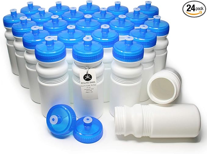 Rolling Sands 20 Ounce Sports Water Bottles 24 Pack, BPA-Free, Made in USA, Dishwasher Safe, White Bottles/Blue Lids
