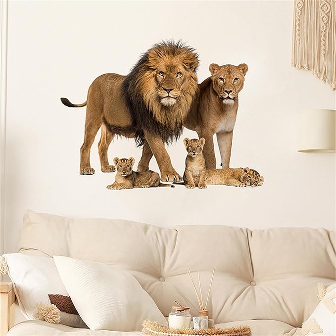 Lion Wall Decals, Vinyl Removable 3D Stickers for Bedroom Nursery Decor - Peel and Stick Cute Baby Girl Boy Toddler Kids Room Art Decoration, Woodland Forest Safari Jungle Mural Waterproof