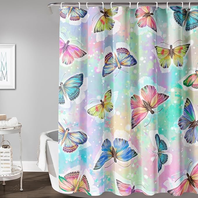 AILONEN Butterfly Shower Curtain,Rainbow Butterfly Bath Curtain,Modern Tie Dye Butterfly Art Decorative Shower Curtain with 12 Plastic Hooks (Kids/Girls/Women/Teen/) 72" W*96" H