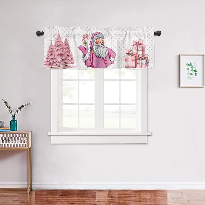 Pink Christmas Window Valance for Bedroom Living Room, Funny Santa Claus Window Curtain for Kitchen Bathroom, Pink Christmas Window Valance Rod Pocket Window Treatment, 54" W x 18" L