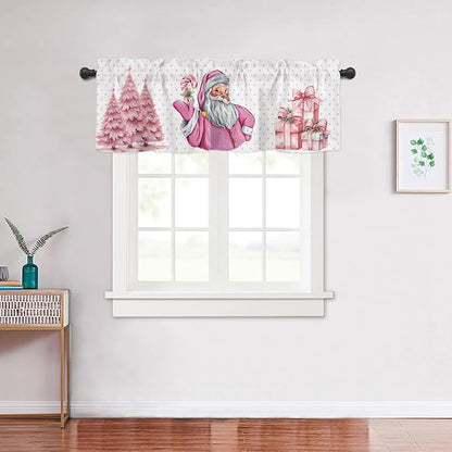 Pink Christmas Window Valance for Bedroom Living Room, Funny Santa Claus Window Curtain for Kitchen Bathroom, Pink Christmas Window Valance Rod Pocket Window Treatment, 54" W x 18" L